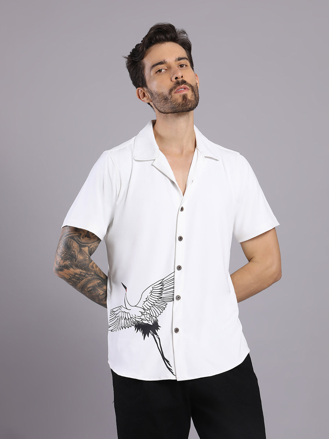 Opaque Printed Knitted Half Sleeve Shirt – Effortless Comfort & Style - White