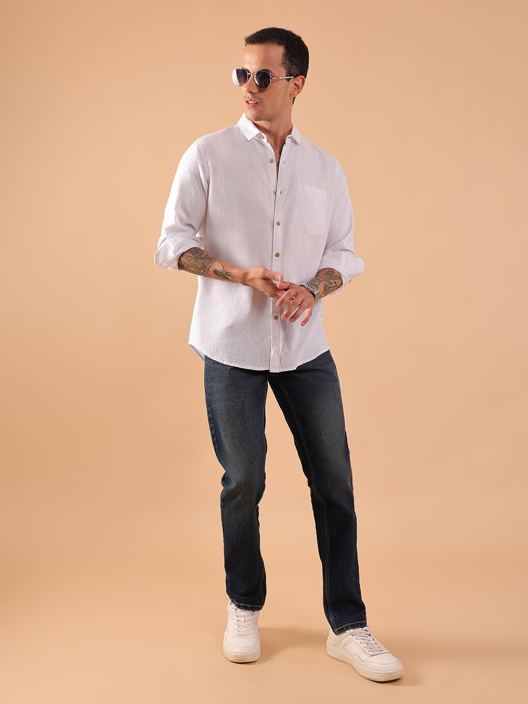 Men's Pure Linen Full Sleeve Shirt - Regular Fit, Cutaway Collar - White