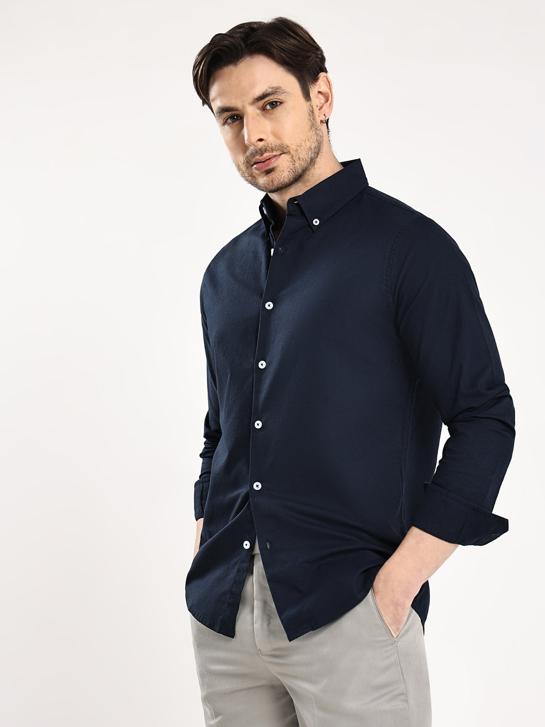 HangerLoop Men’s 100% Cotton Oxford Yarn Dyed Full Sleeve Shirt – Button Down Collar | Regular Fit - Navy