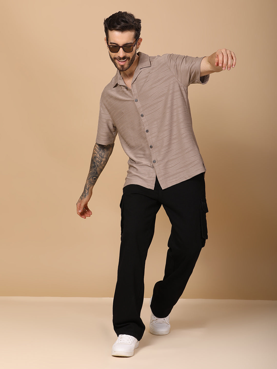 Men’s Casual Half-Sleeve Shirt – Zigzag Texture, Straight Hem, Camp Collar - Beige