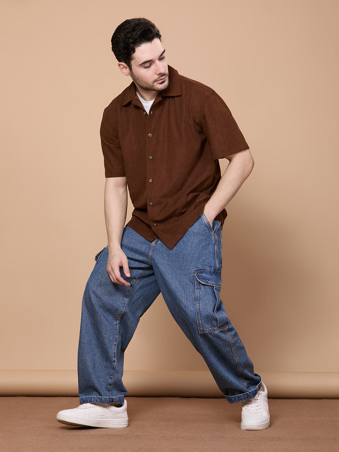 Relaxed Fit Half Sleeve Classic Corduroy Shirt - Brown