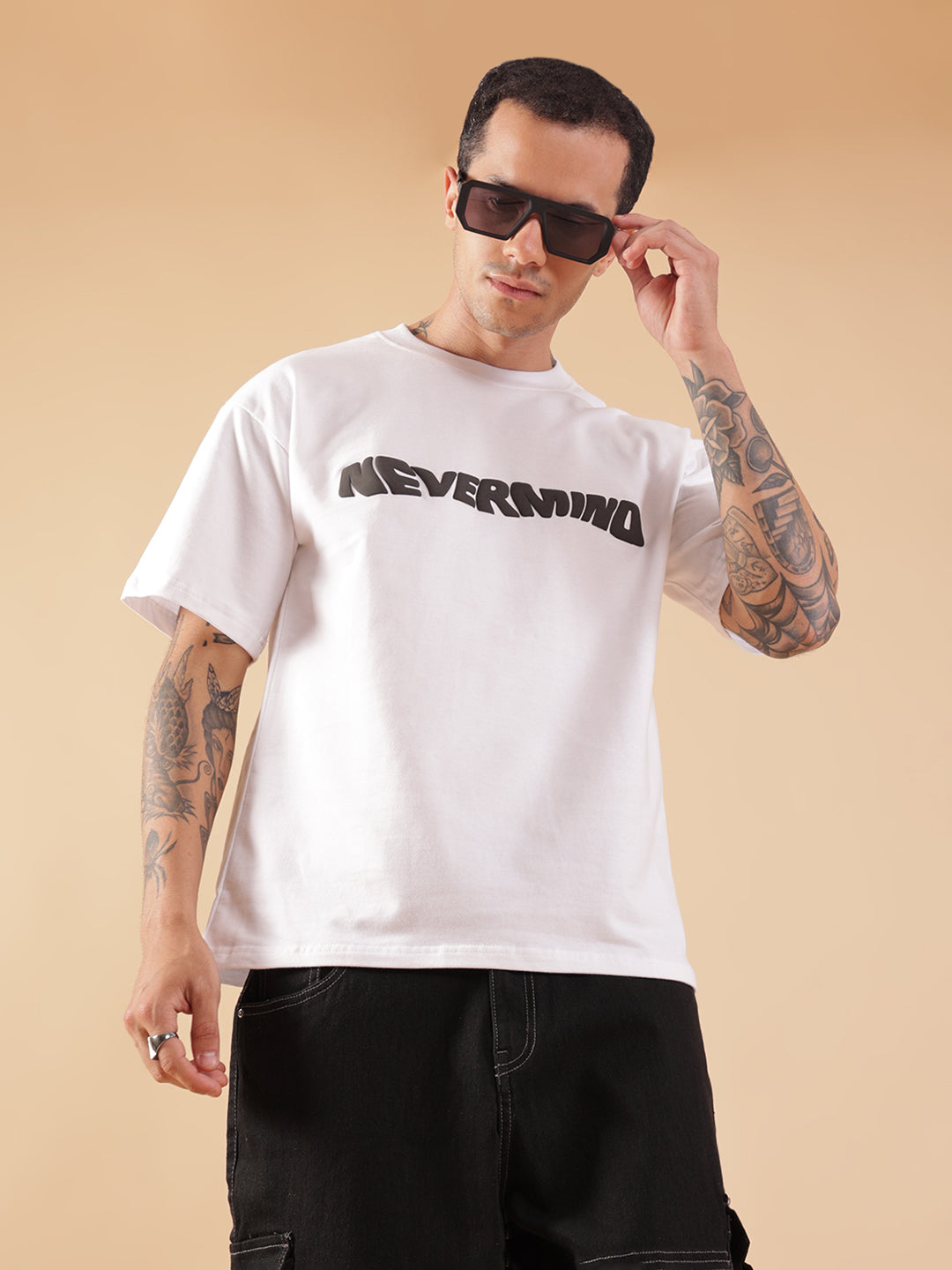 NEVERMIND White Oversized Graphic Print T-Shirt | HangerLoop Unisex Streetwear Tee