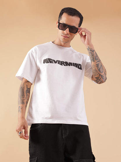 NEVERMIND White Oversized Graphic Print T-Shirt | HangerLoop Unisex Streetwear Tee