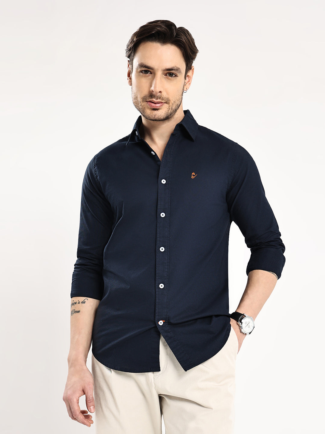 HangerLoop Men’s 100% Cotton Oxford Yarn Dyed Full Sleeve Regular Fit Shirt – Regular Collar - Navy