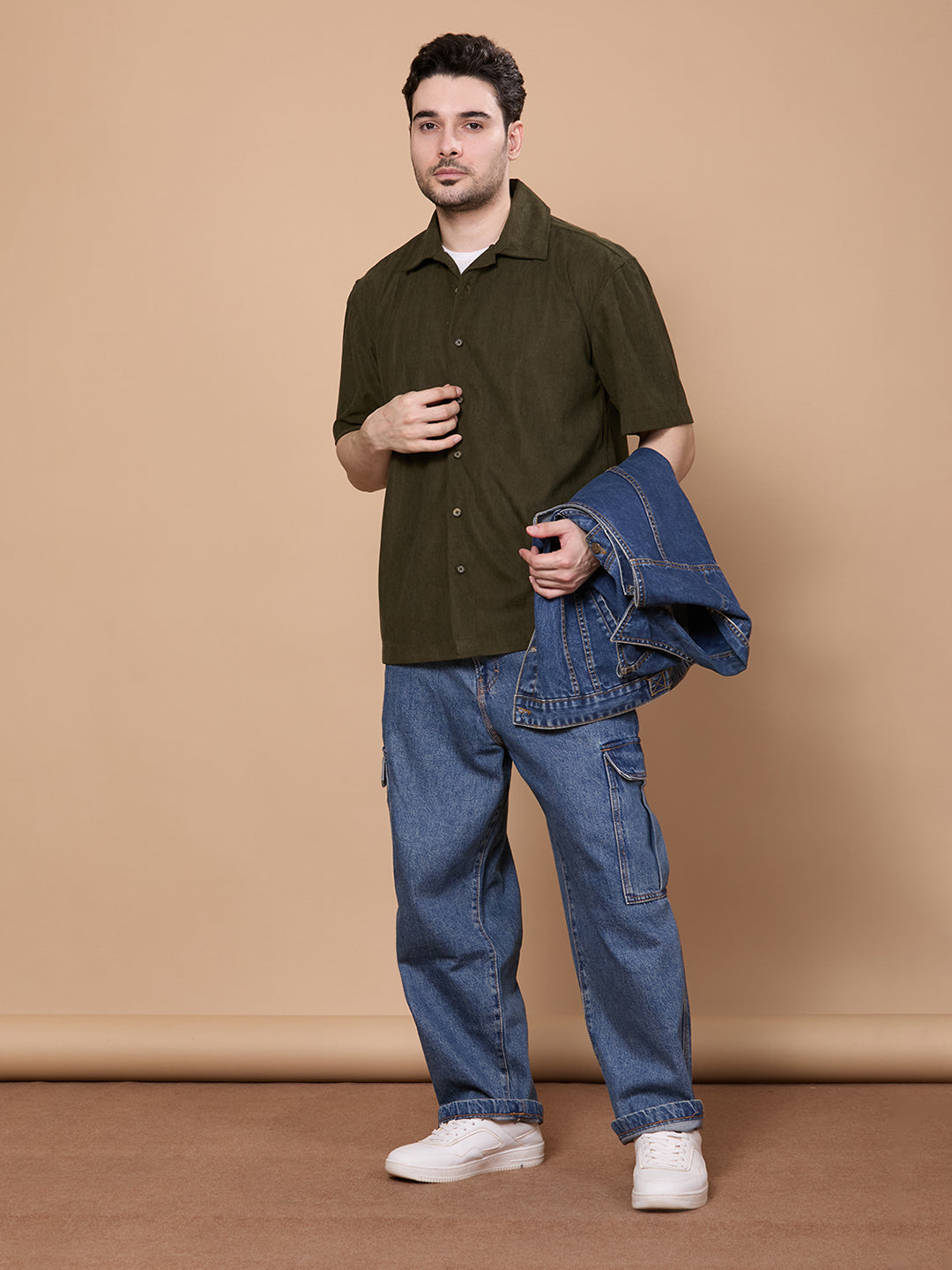 Relaxed Fit Half Sleeve Classic Corduroy Shirt - Olive