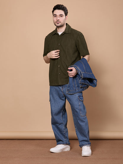 Relaxed Fit Half Sleeve Classic Corduroy Shirt - Olive