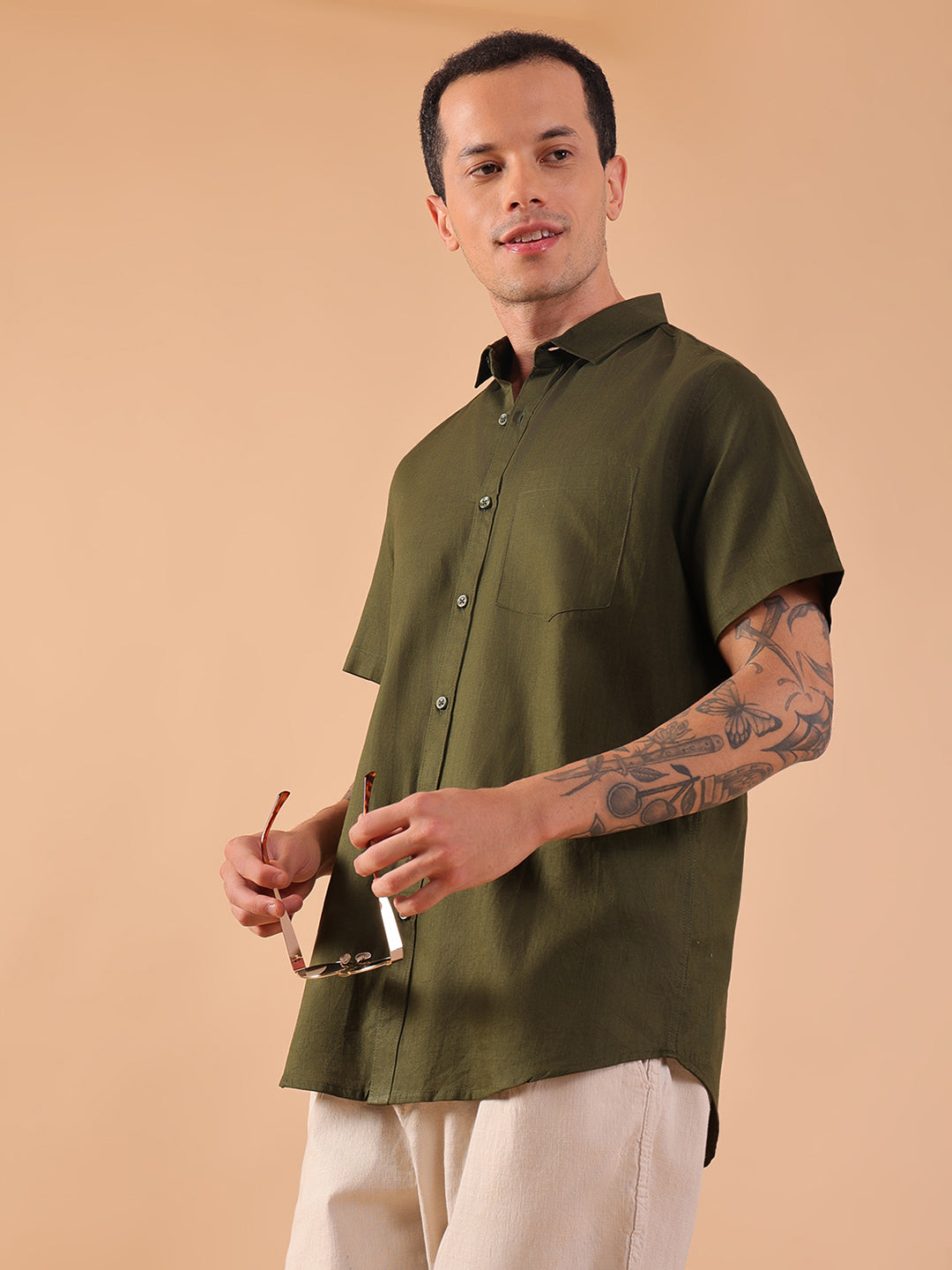 Cotton Linen Half Sleeve Shirt - Regular Fit - Olive