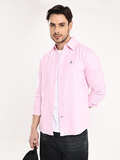 HangerLoop Men’s 100% Cotton Oxford Yarn Dyed Full Sleeve Regular Fit Shirt – Regular Collar - Pink
