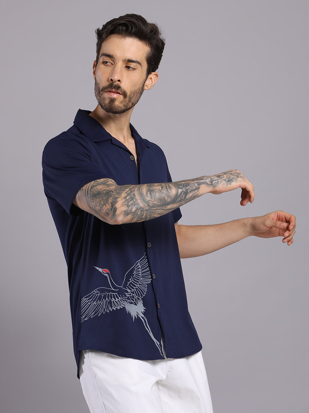 Opaque Printed Knitted Half Sleeve Shirt – Effortless Comfort & Style - Navy