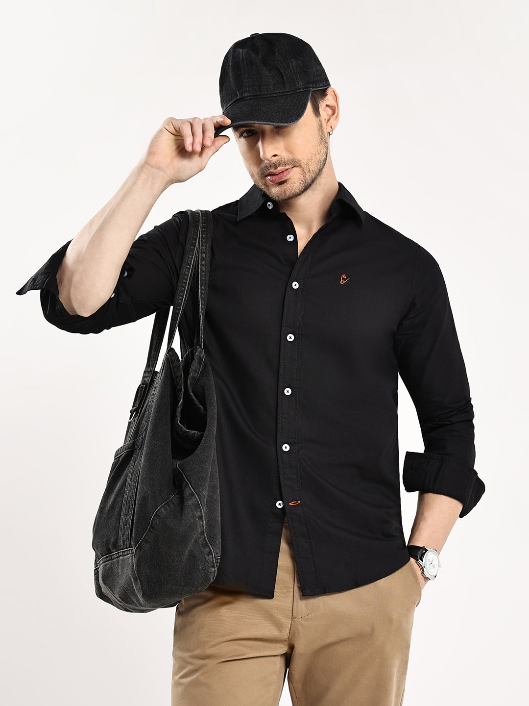 HangerLoop Men’s 100% Cotton Oxford Yarn Dyed Full Sleeve Regular Fit Shirt – Regular Collar - Black