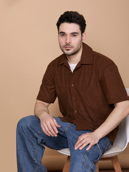 Relaxed Fit Half Sleeve Classic Corduroy Shirt - Brown