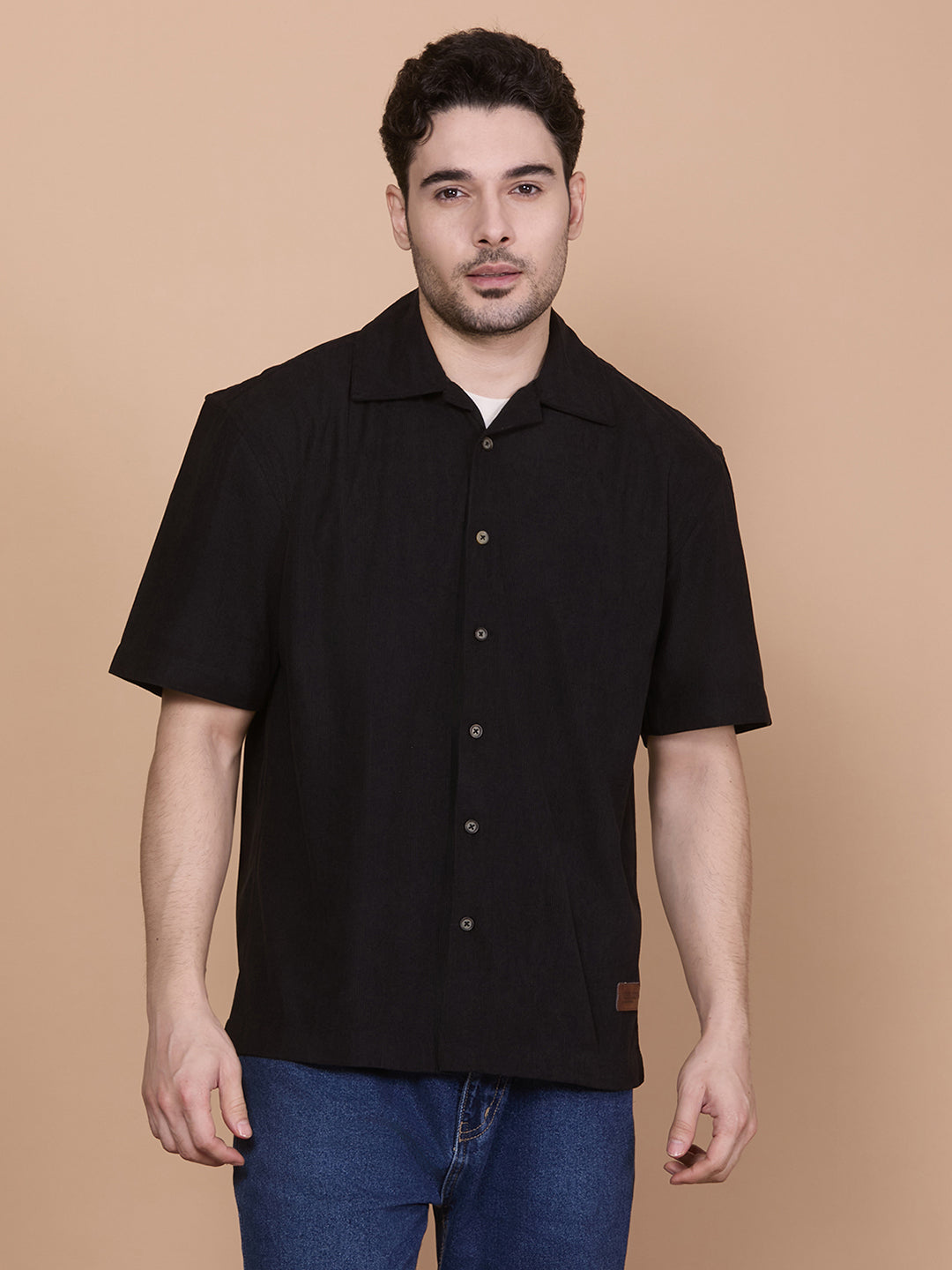 Relaxed Fit Half Sleeve Classic Corduroy Shirt - Black