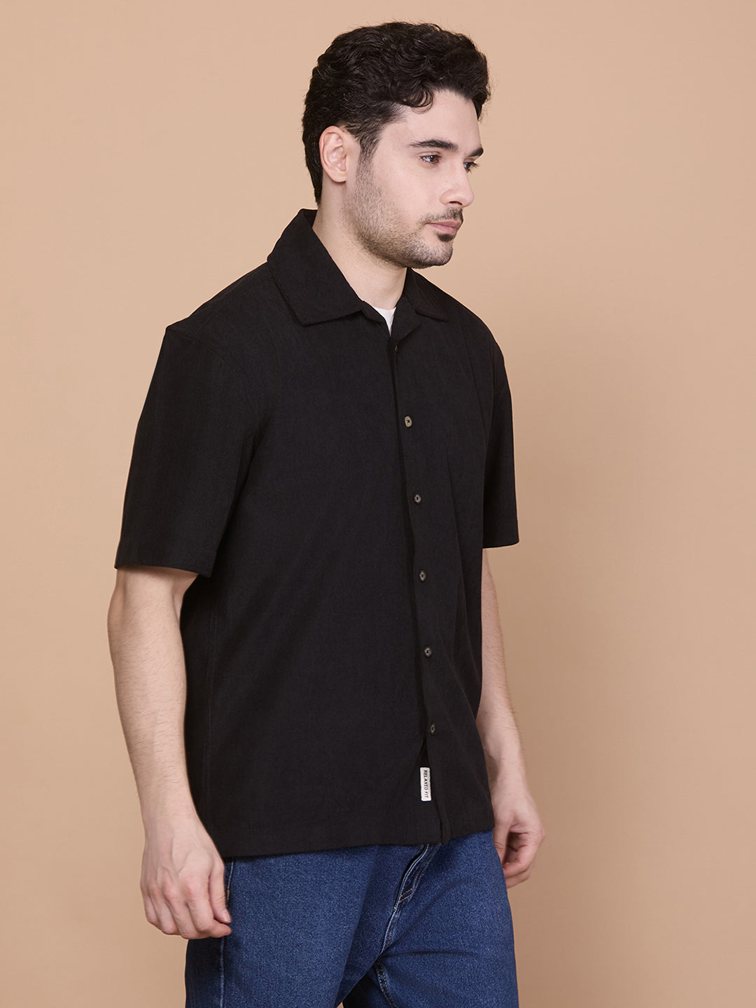 Relaxed Fit Half Sleeve Classic Corduroy Shirt - Black