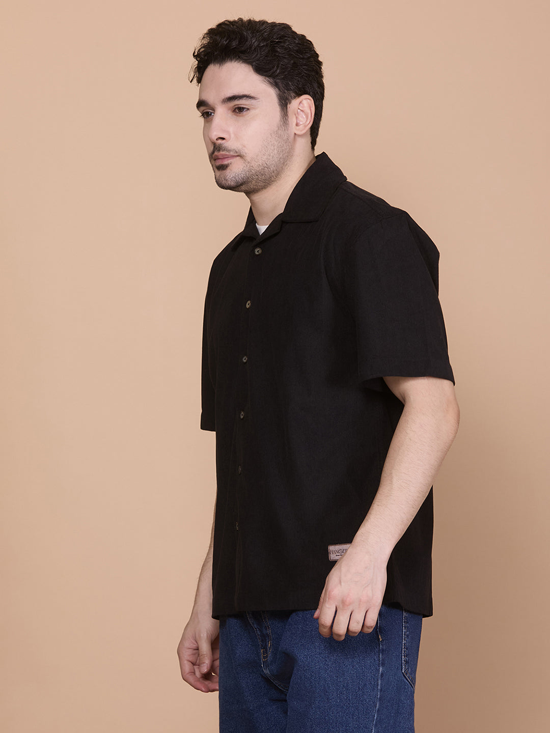 Relaxed Fit Half Sleeve Classic Corduroy Shirt - Black