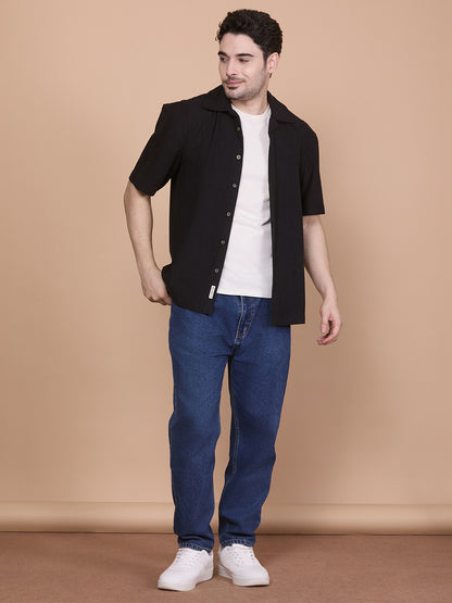 Relaxed Fit Half Sleeve Classic Corduroy Shirt - Black