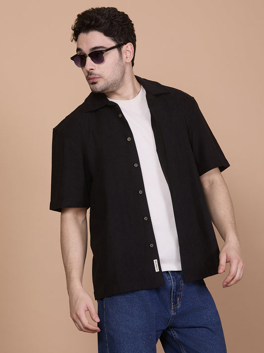Relaxed Fit Half Sleeve Classic Corduroy Shirt - Black