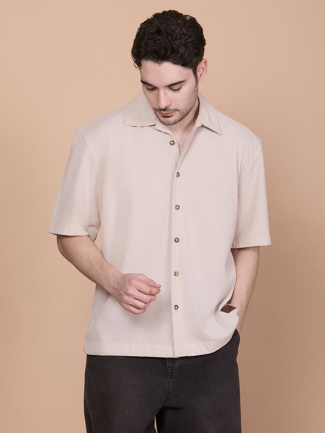 Relaxed Fit Half Sleeve Classic Corduroy Shirt - Beige
