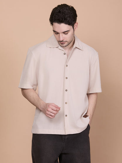 Relaxed Fit Half Sleeve Classic Corduroy Shirt - Beige
