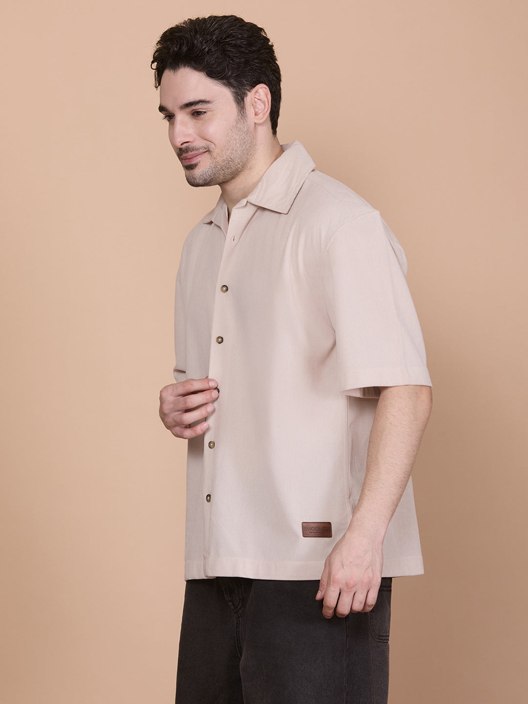 Relaxed Fit Half Sleeve Classic Corduroy Shirt - Beige