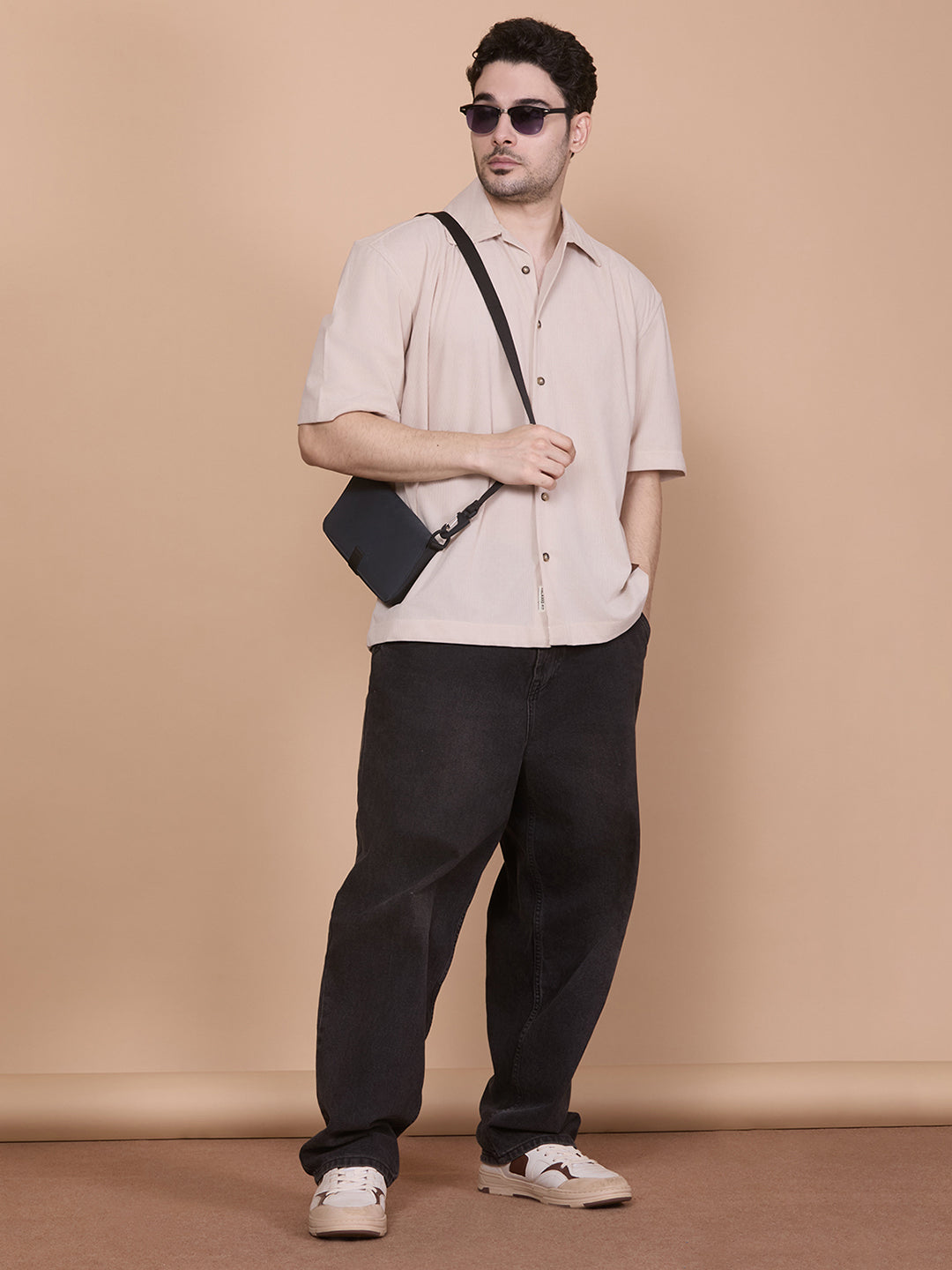 Relaxed Fit Half Sleeve Classic Corduroy Shirt - Beige