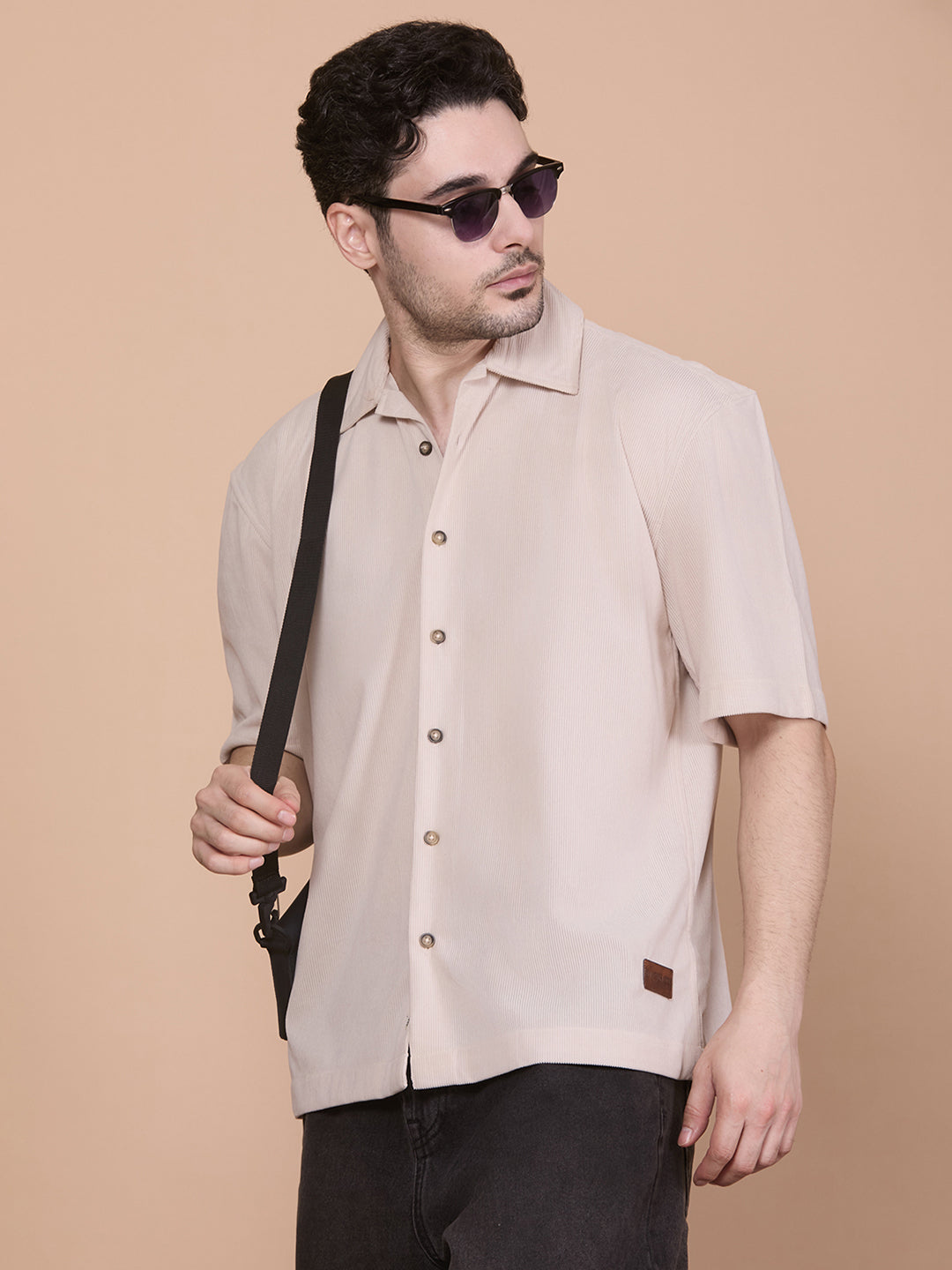 Relaxed Fit Half Sleeve Classic Corduroy Shirt - Beige