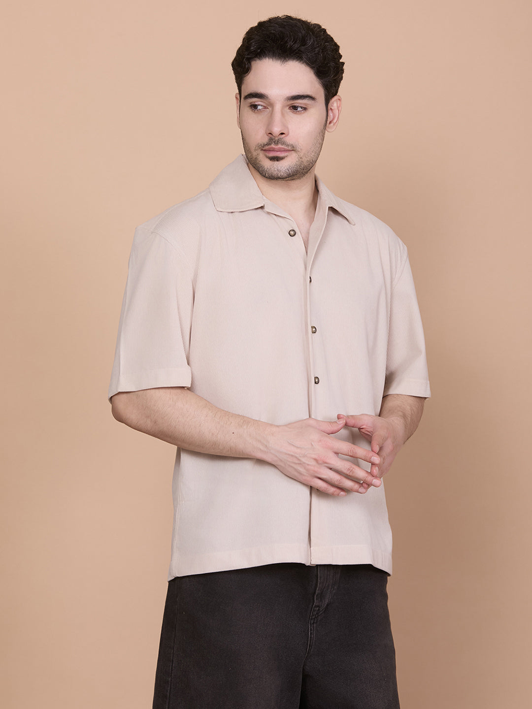 Relaxed Fit Half Sleeve Classic Corduroy Shirt - Beige