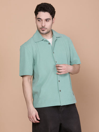 Relaxed Fit Half Sleeve Classic Corduroy Shirt - Green