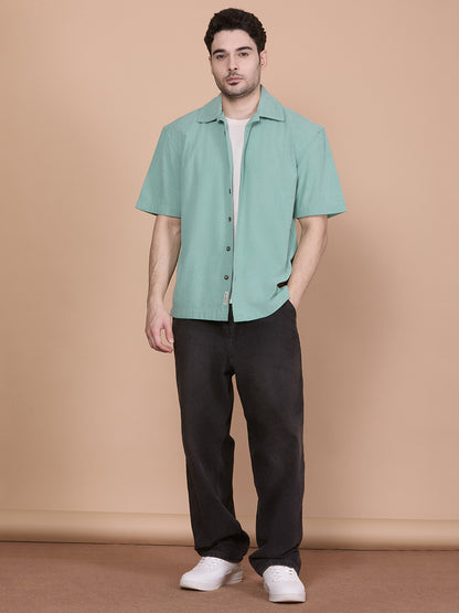 Relaxed Fit Half Sleeve Classic Corduroy Shirt - Green