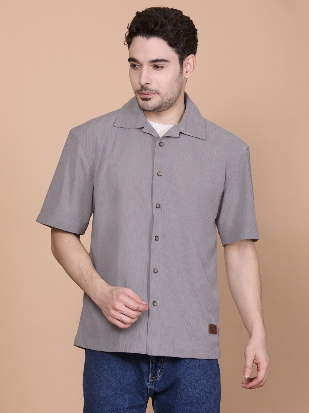 Relaxed Fit Half Sleeve Classic Corduroy Shirt - Light Grey