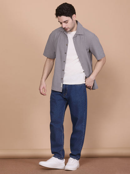 Relaxed Fit Half Sleeve Classic Corduroy Shirt - Light Grey