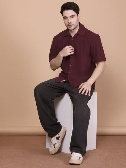 Relaxed Fit Half Sleeve Classic Corduroy Shirt - Wine