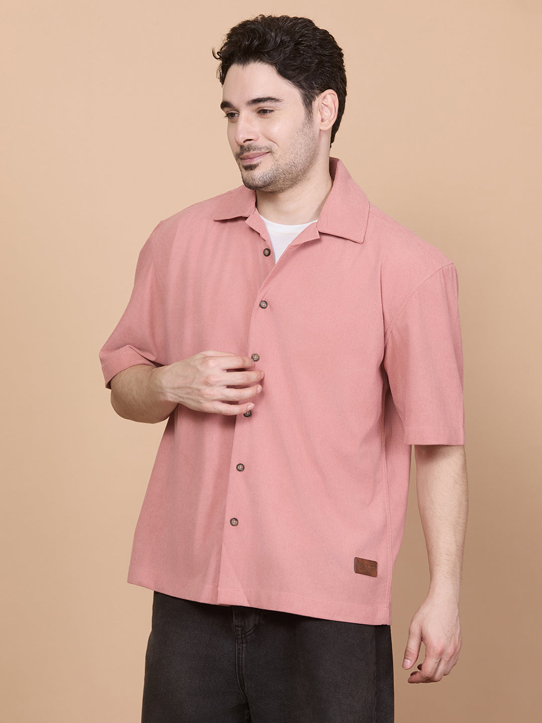 Relaxed Fit Half Sleeve Classic Corduroy Shirt - Peach