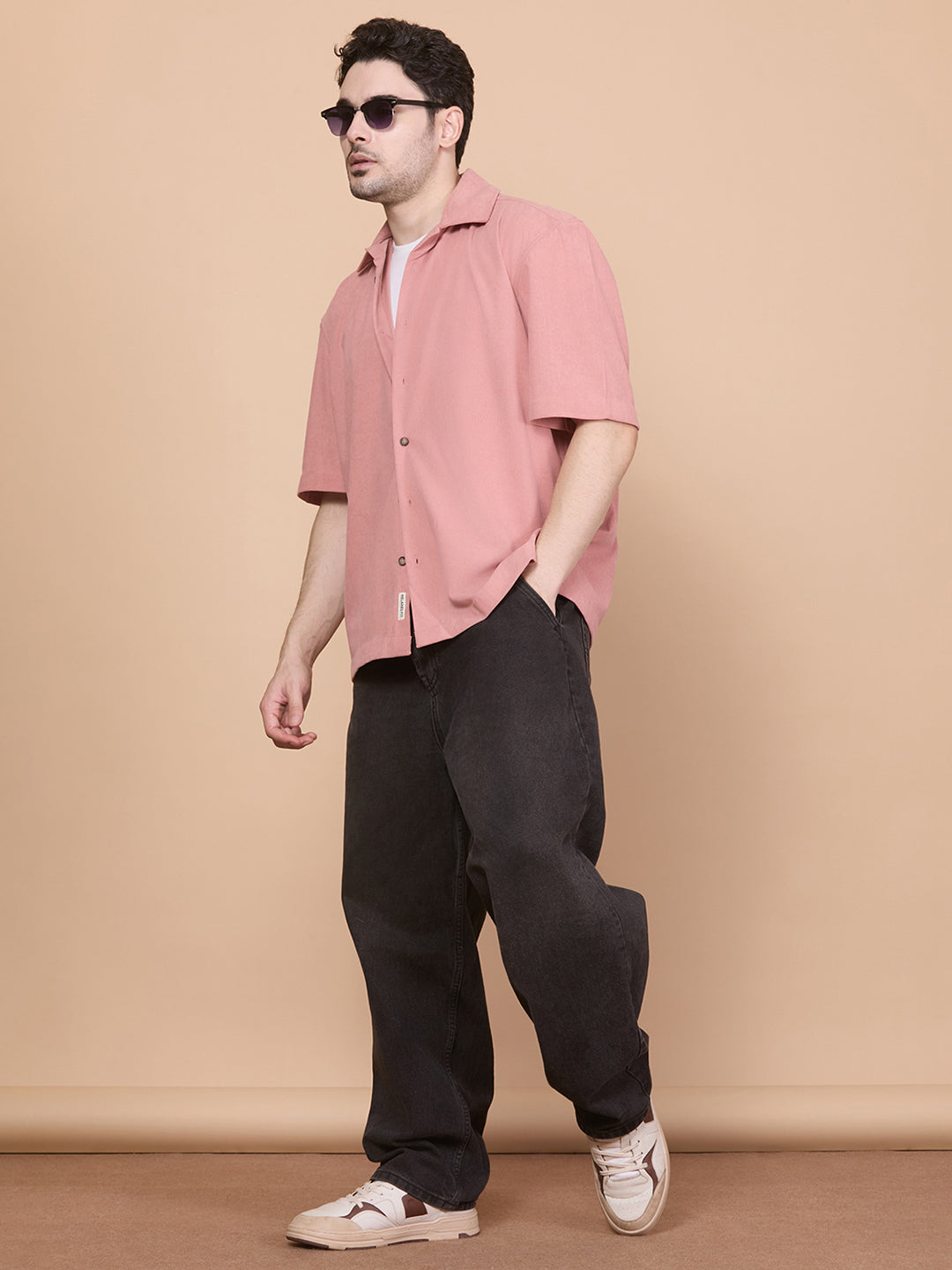 Relaxed Fit Half Sleeve Classic Corduroy Shirt - Peach