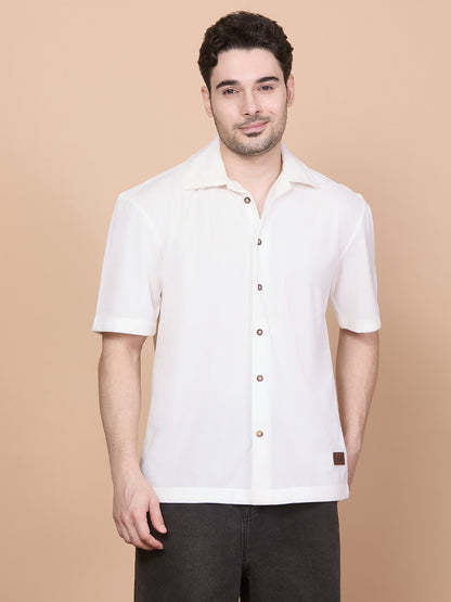 Relaxed Fit Half Sleeve Classic Corduroy Shirt - White