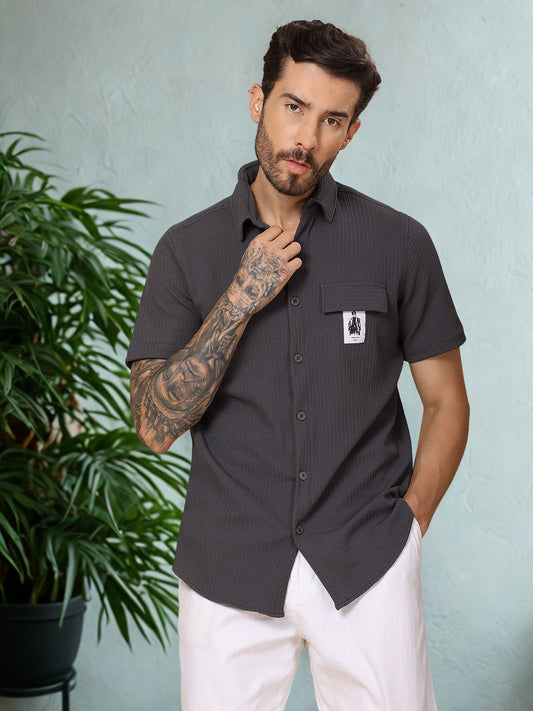 Men’s Casual Half-Sleeve Regular Fit Shirt – Textured Fabric, Curved Hem, Fake Pocket Flap - Dk Grey
